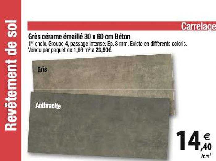 grès cérame émaillé 30x60 cm béton