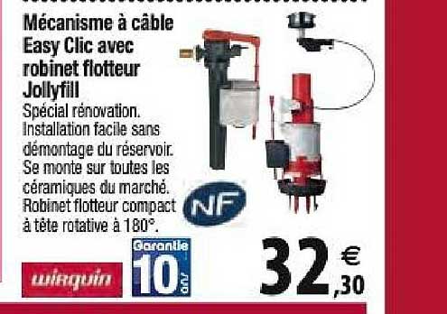 mécanisme à câble easy clic avec robinet flotteur jollyfill wirquin