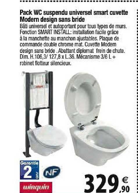 pack wc suspendu universel smart cuvette moderm design sans bride