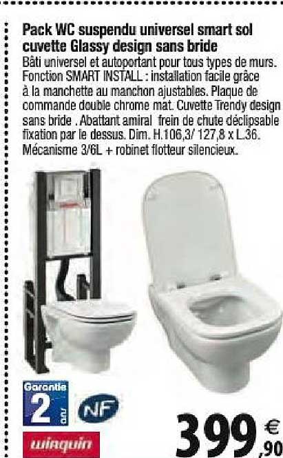 Pack Wc Suspendu Universel Smart Sol Cuvette Glassy Design Sans Bride