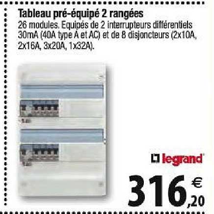 tableau pré équipé 2 rangées legrand