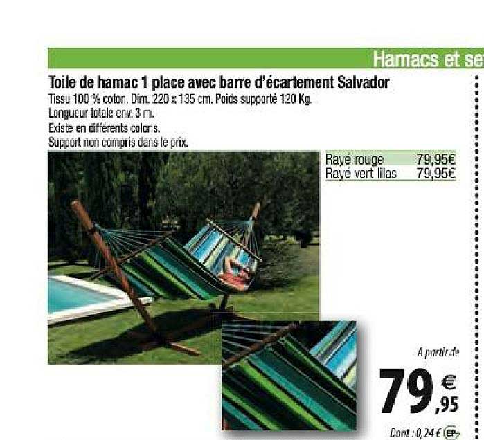 toile de hamac 1 place avec barre d'écartement salvador
