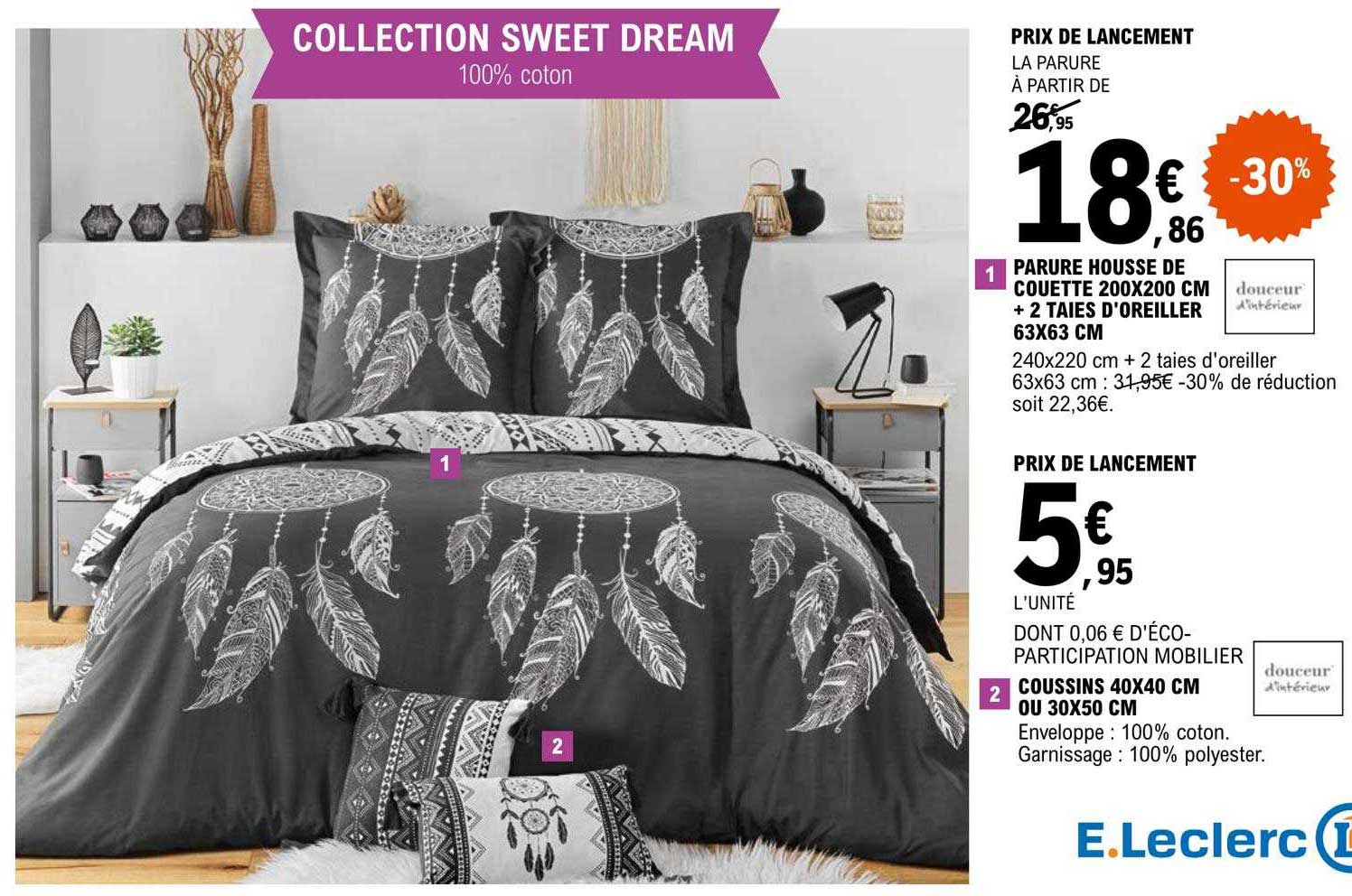 parure housse de couette 200 x 200 cm + 2 taies d'oreiller 63 x 63 cm, coussins 40 x 40 cm ou 30 x 50 cm