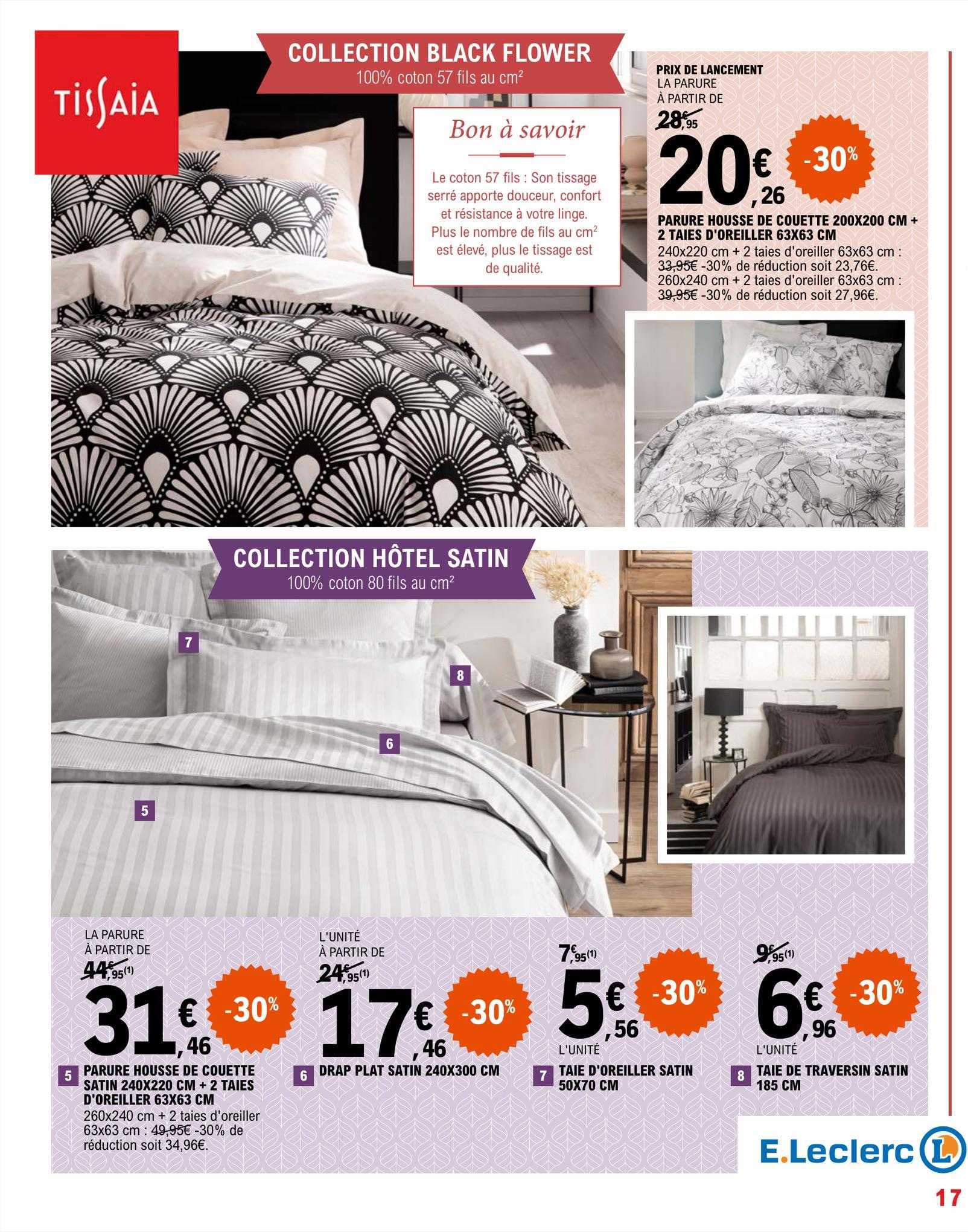 parure housse de couette 200 x 200 cm + 2 taies d'oreiller 63 x 63 cm tissaia,  parure housse de couette satin 240 x 220 cm + 2 taies d'oreiller 63 x 63 cm tissaia, drap plat satin 240 x 300 cm