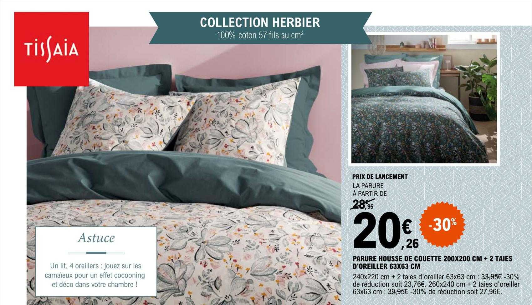 parure housse de couette 200 x 200 cm + 2 taies d'oreiller 63 x 63 cm tissaia