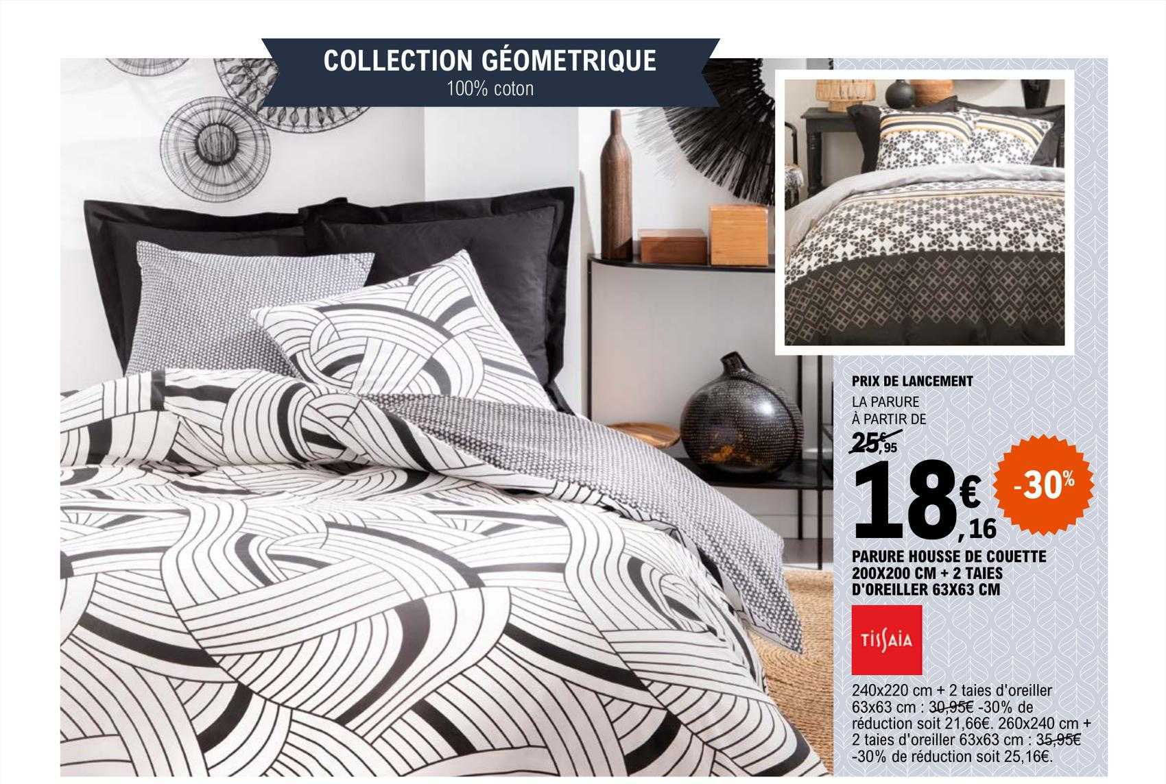 parure housse de couette 200 x 200 cm + 2 taies d'oreiller 63 x 63 cm tissaia