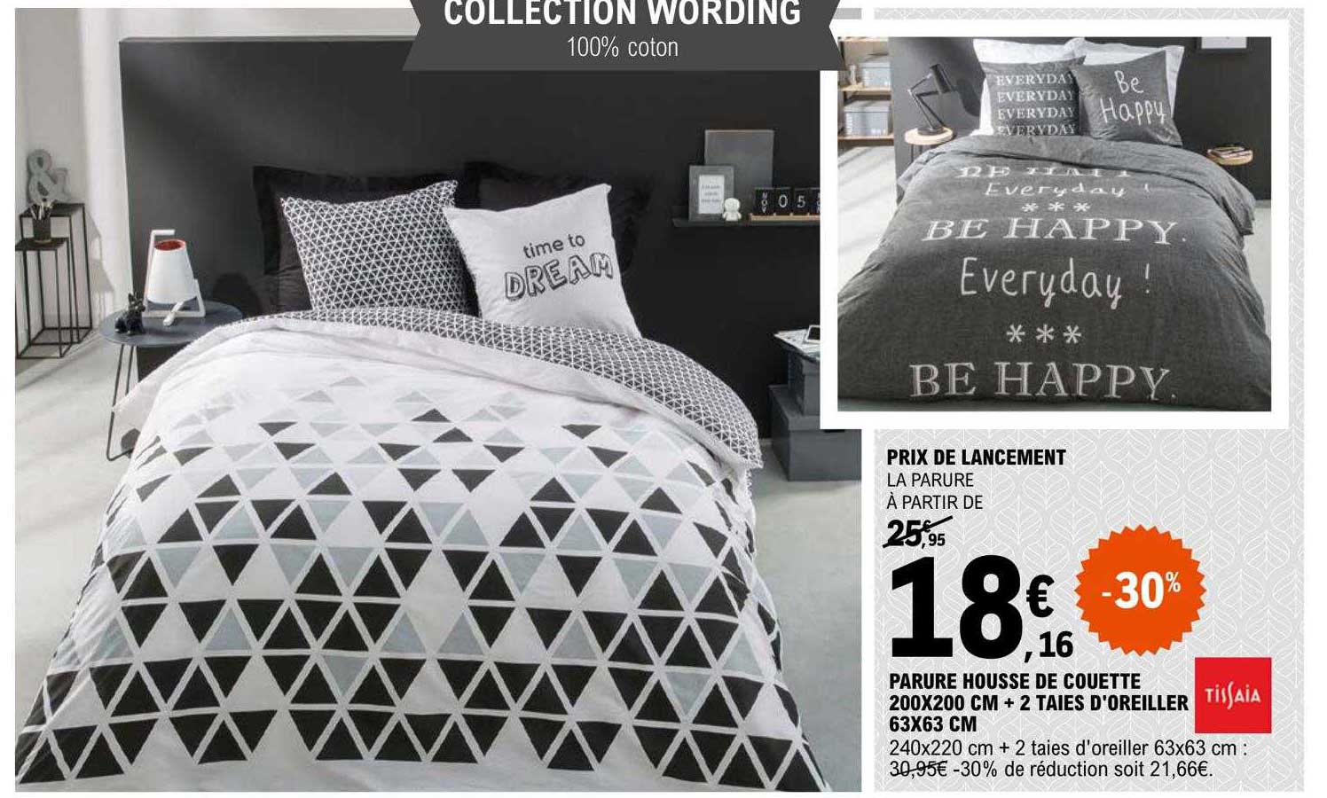 parure housse de couette 200 x 200 cm + 2 taies d'oreiller 63 x 63 cm tissaia