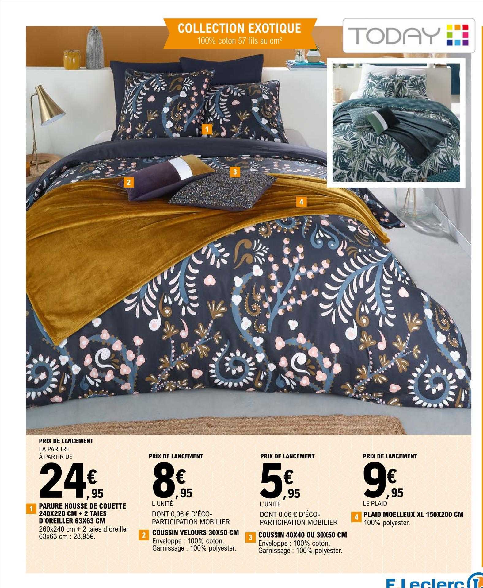 parure housse de couette 240 x 220 cm + 2 taies d'oreiller 63 x 63 cm, coussin velours 30 x 50 cm, coussin 40 x 40 cm ou 30 x 50 cm, plaid moelleux xl 150 x 200 cm today