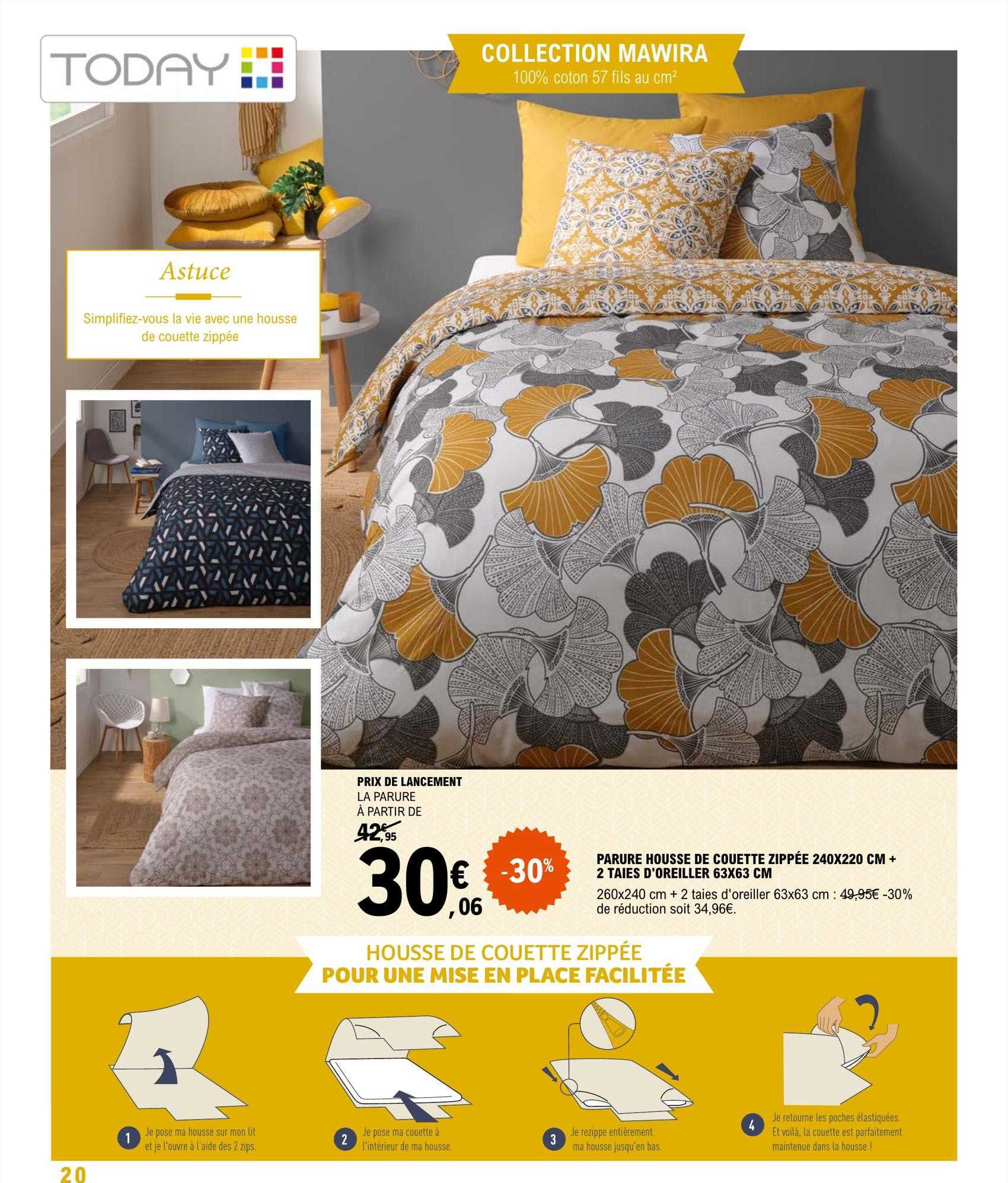 parure housse de couette zippée 240 x 220 cm + 2 taies d'oreiller 63 x 63 cm today