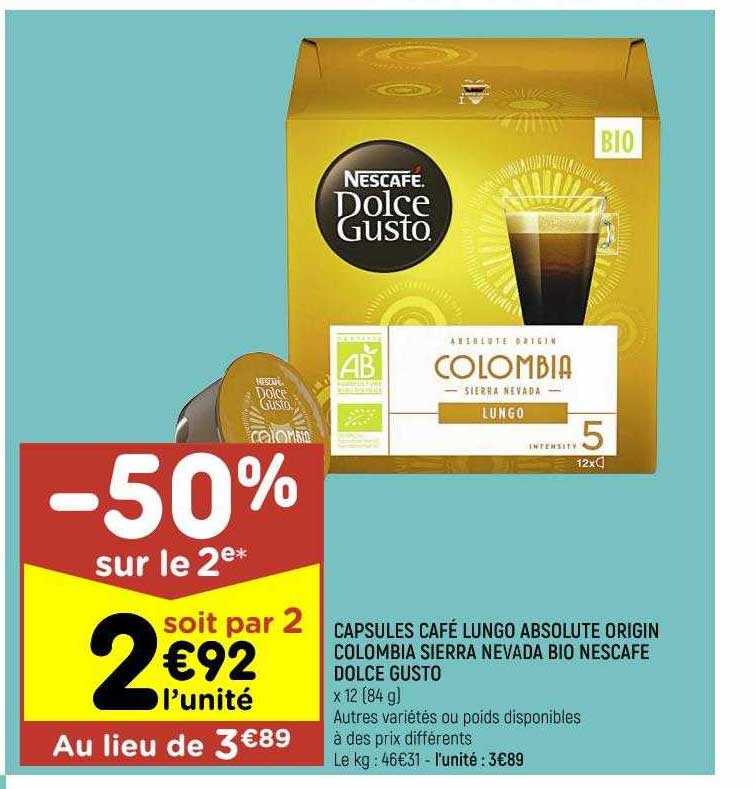 capsules café lungo absolute origin colombia sierra nevada bio nescafé dolce gusto