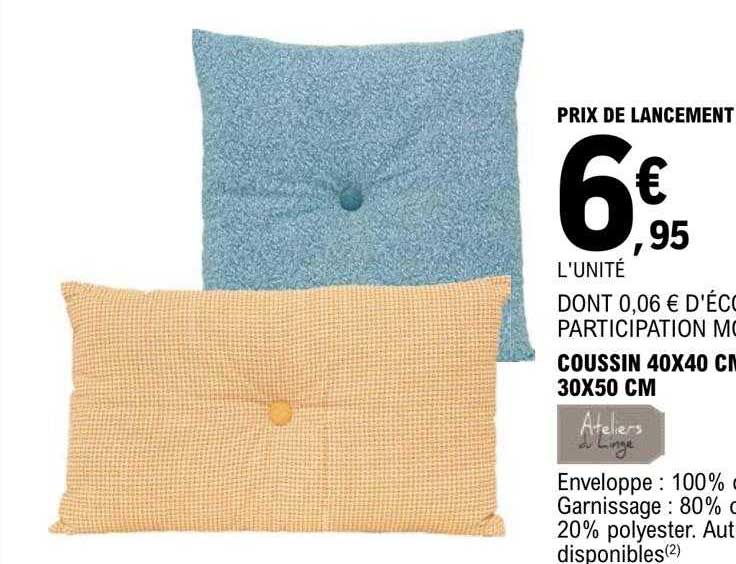 coussin 40 x 40 cm ou 30 x 50 cm ateliers de linge