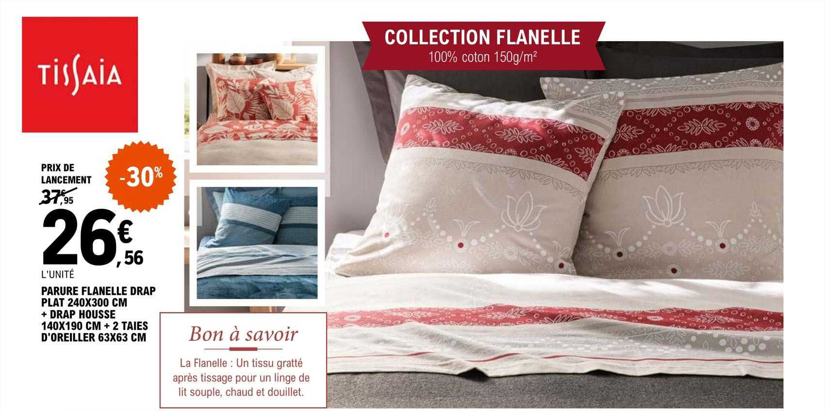parure flanelle drap plat 240 x 300 cm + drap housse 140 x 190 cm + 2 taies d'oreiller 63 x 63 cm tissaia