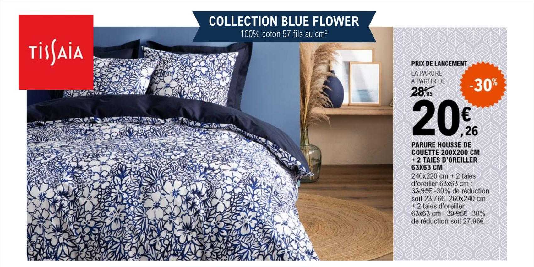 parure housse de couette + 2 taies d'oreiller tissaia collection blue flower