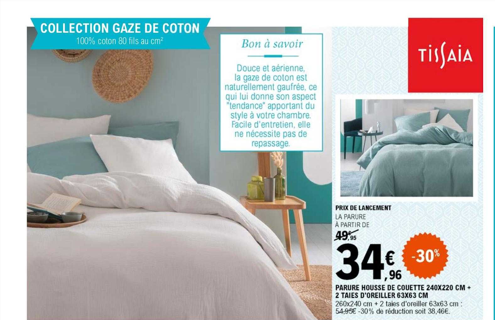 parure housse de couette + 2 taies d'oreiller tissaia collection gaze de coton