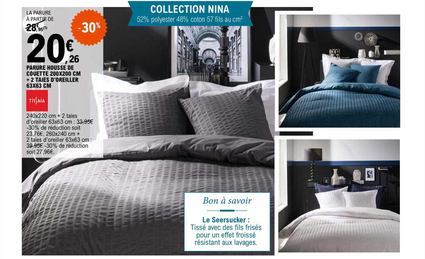 parure housse de couette 200 x 200 cm + 2 taies d'oreillers 63 x 63 cm tissaia