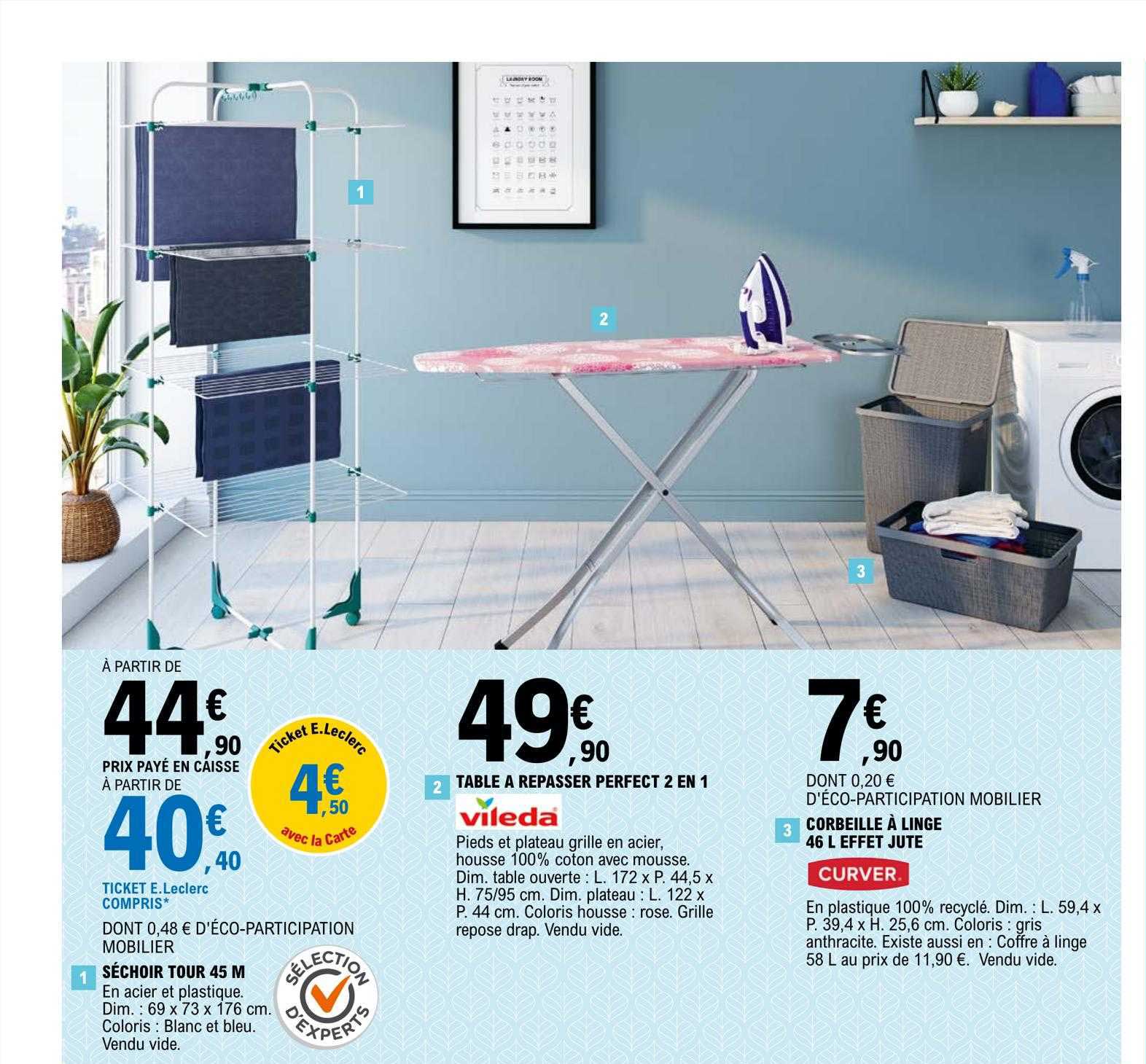 Séchoir Tour 45 M, Table à Repasser Perfect 2 En 1 Vileda, Corbeille à Linge 46l Effet Jute Curver