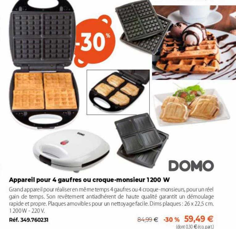 appareil pour 4 gaufres ou croque-monsieur 1200 w domo