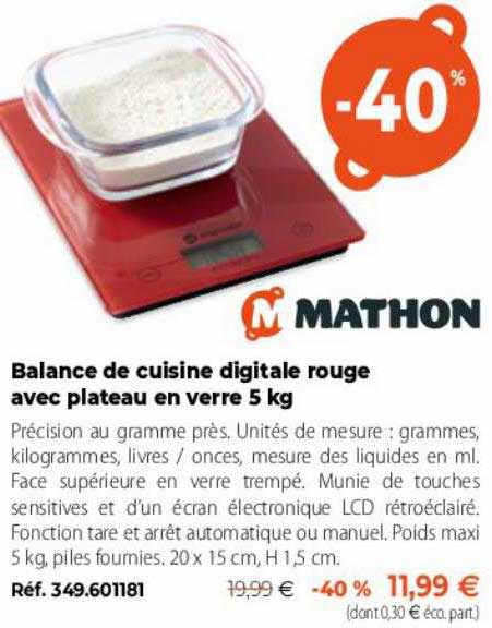 balance de cuisine digitale rouge avec plateau en verre 5 kg mathon