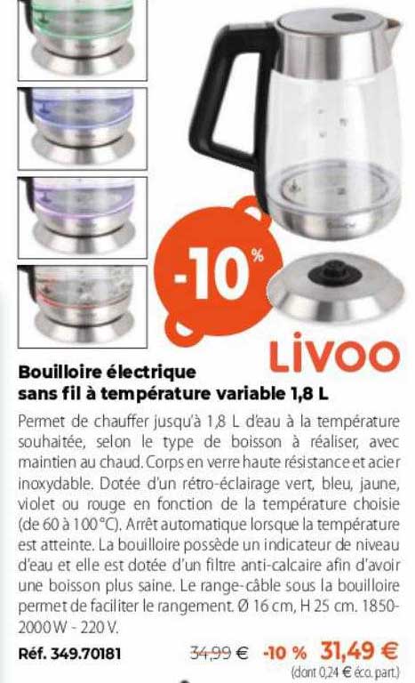 bouilloire électrique sans fil à température variable 1.8 l livoo