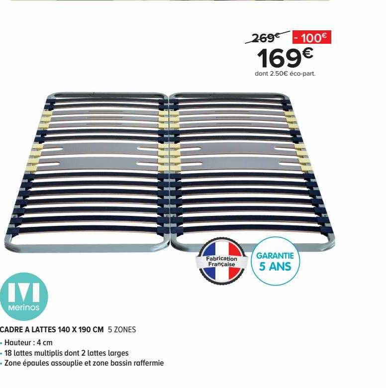 cadre à lattes 140 x 190 cm 5 zones merinos