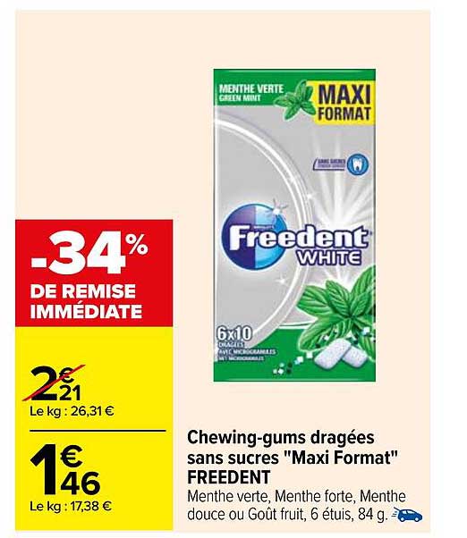 chewing-gums dragées sans sucres "maxi format" freedent
