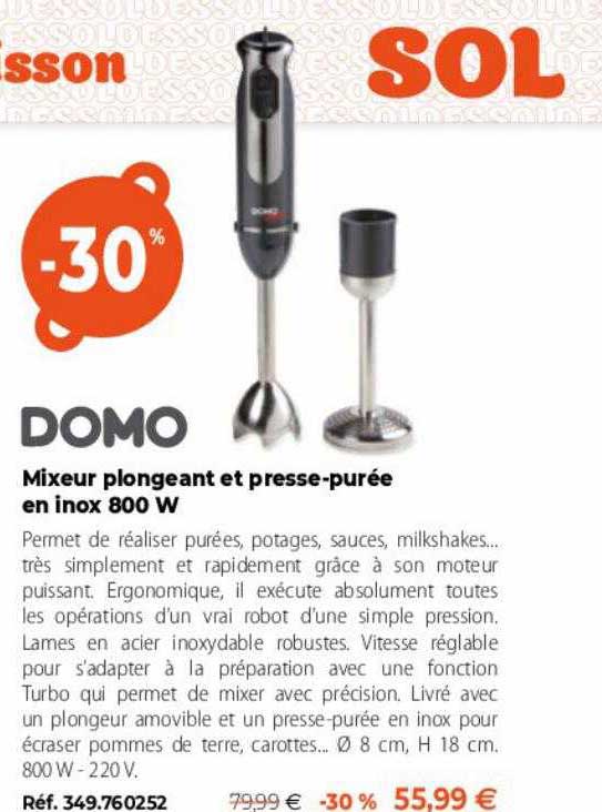 domo mixeur plongeant et presse-purée en inox 800 w
