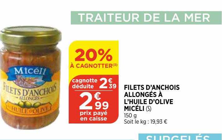 filets d'anchois allongés à l'huile d'olive micéli