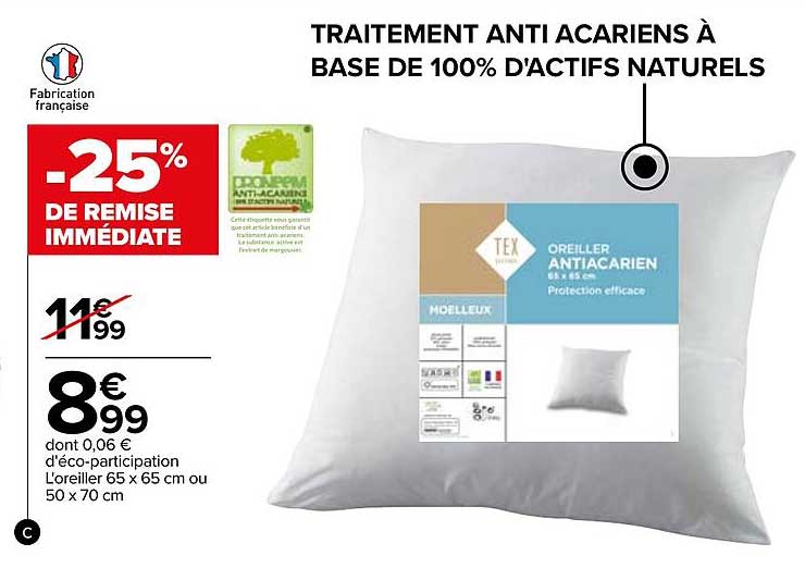 l'oreiller 65 x 65 cm ou 50 x 70 cm tex home