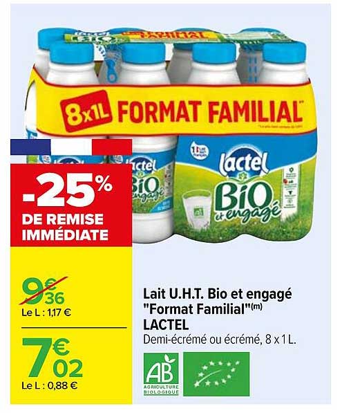 lait u.h.t. bio et engagé "format familial" lactel