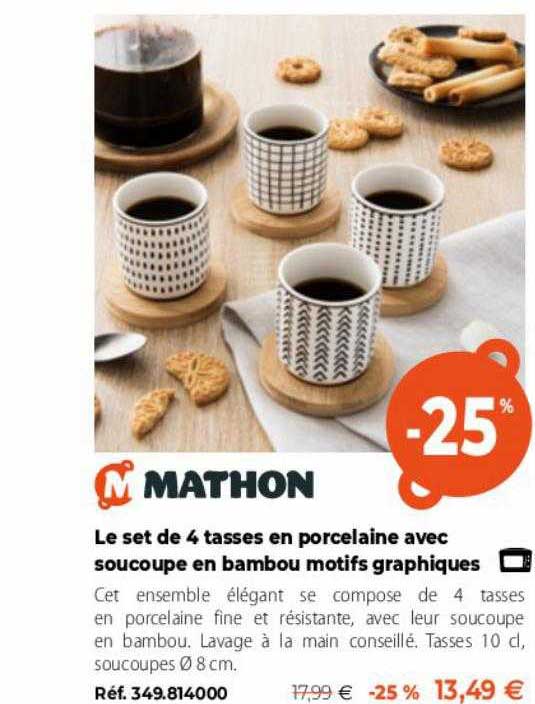 mathon le set de 4 tasses en porcelaine avec soucoupe en mbabou motifs graphiques