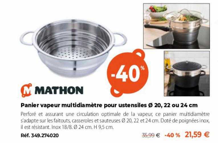 Mathon Panier Vapeur Multidiamètre Pour Ustensiles ø 20 22 Ou 24 Cm