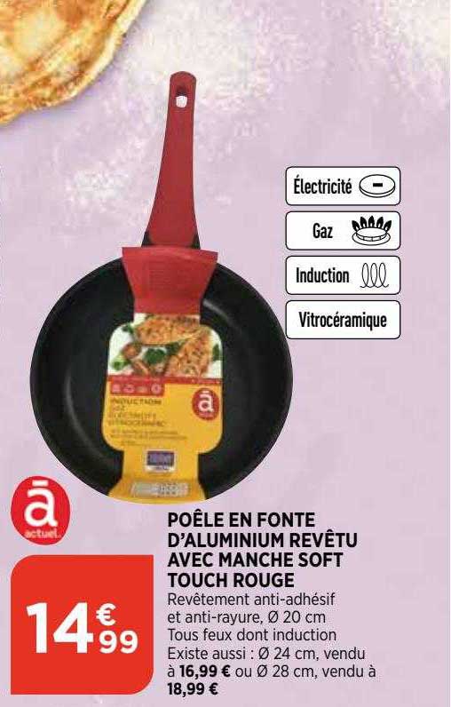 poêle en fonte d'aluminium revêtu avec manche soft touch rouge