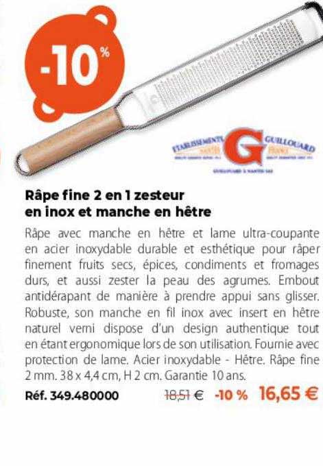 râpe fine 2 en 1 zesteur en inox et manche en hêtre