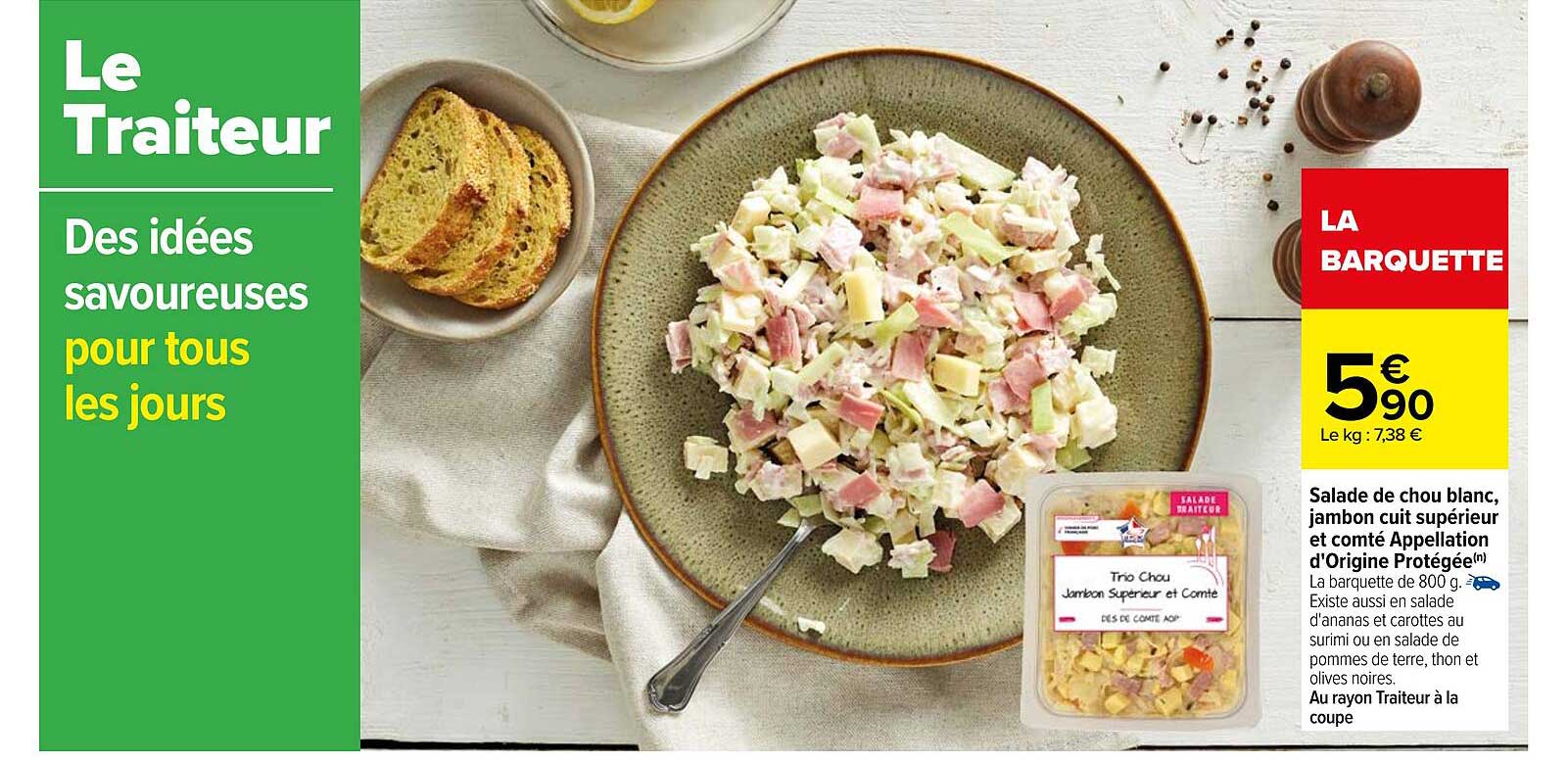 salade de chou blanc, jambon cuit supérieur et comté appellation d'origine protégée