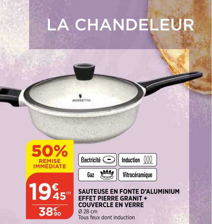 sauteuse en fonte d'aluminium effet pierre granit + couvercle en verre