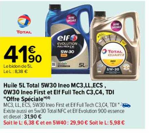 huile 5l total 5w30 ineo mc3, ll, ecs, ow30 ineo first et elf full tech c3, c4, tdi "offre spéciale"