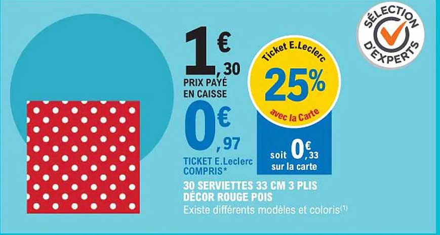 30 serviettes 33 cm 3 plis décor rouge pois