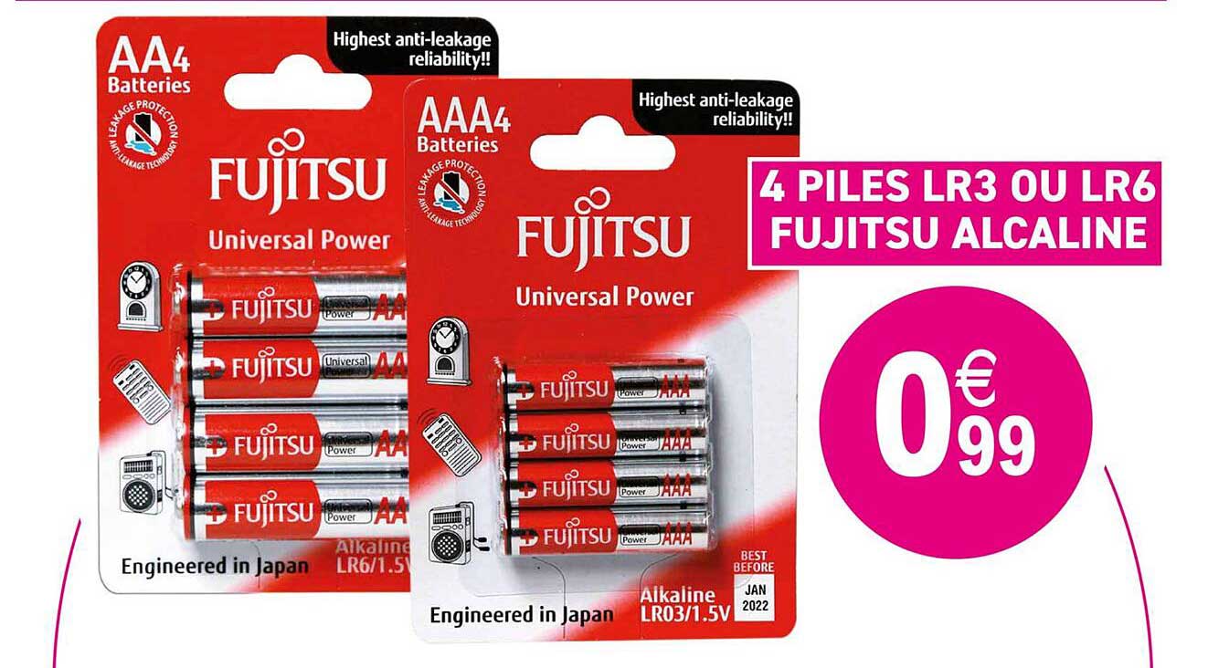 4 piles lr3 ou lr6 fujitsu alcaline