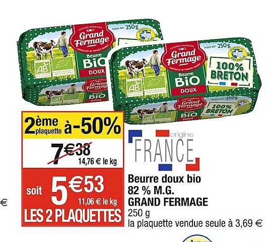 beurre doux bio 82% m.g. grand fermage