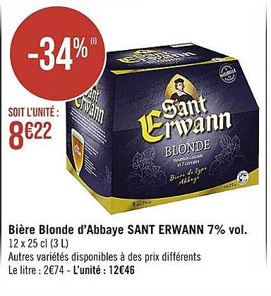 bière blonde d'abbaye sant erwann 7% vol.