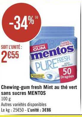 chewing-gum fresh mint au thé vert sans sucres mentos