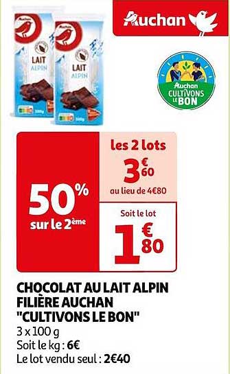 chocolat au lait alpin filière auchan "cultivons le bon"