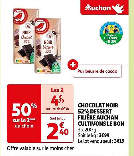 chocolat noir 52% dessert filière auchan cultivons le bon