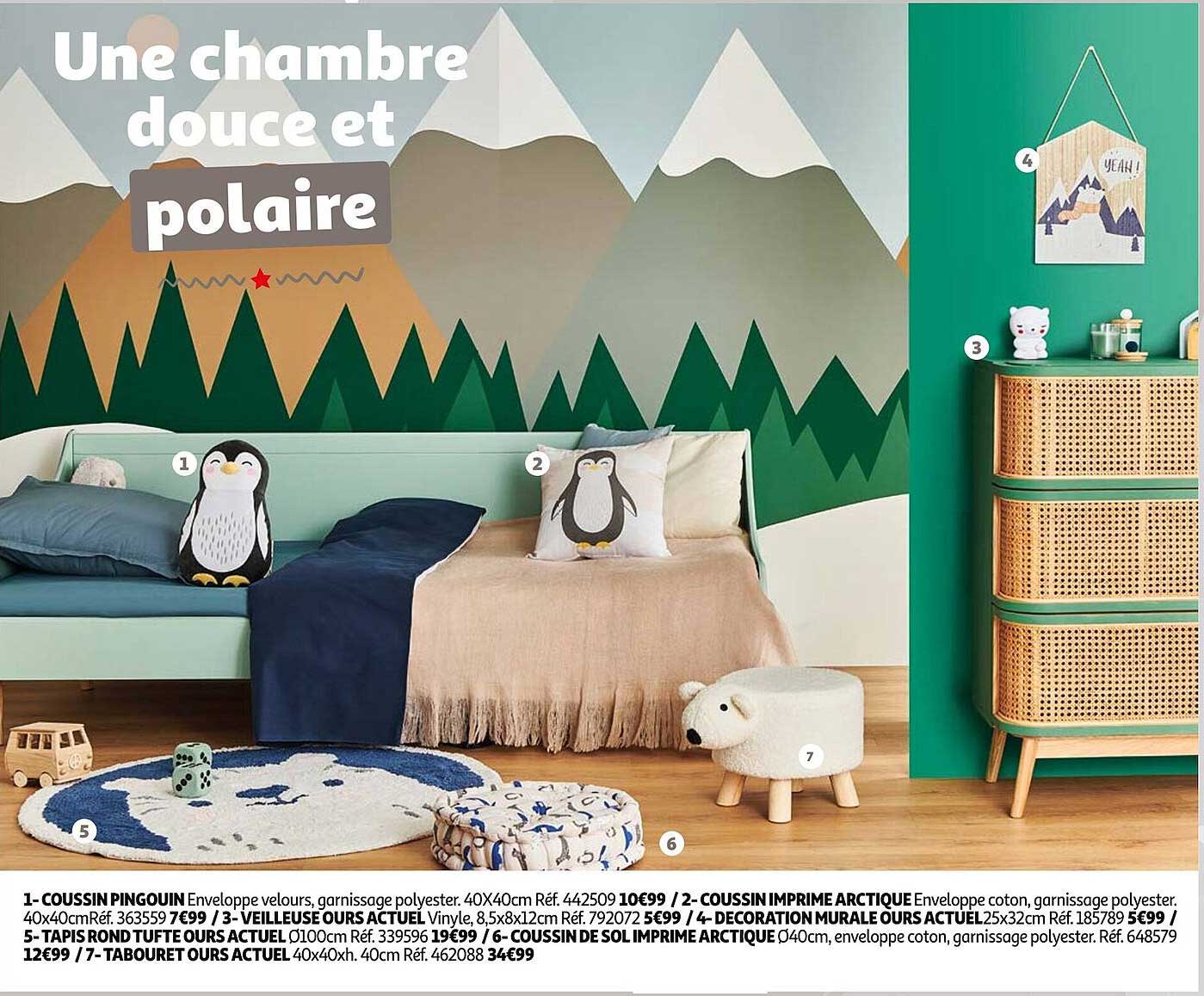 coussin pingouin, coussin imprimé arctique, veilleuse ours actuel, décoration murale ours actuel, tapis rond tufte actuel, coussin de sol imprimé arctique, tabouret ours actuel