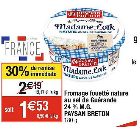 fromage fouetté nature au sel de guérande 24% m.g. paysan breton