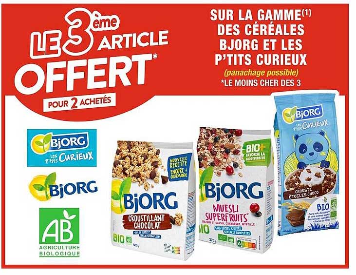 la gamme des céréales bjorg et les p'tits curieux