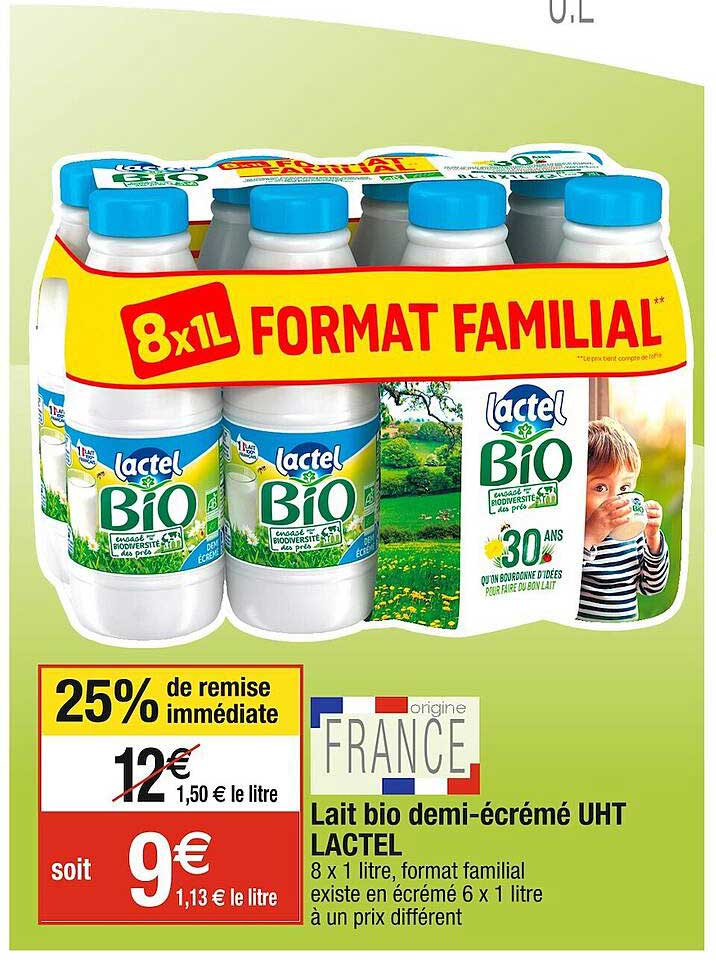 lait bio demi-écrémé uht lactel