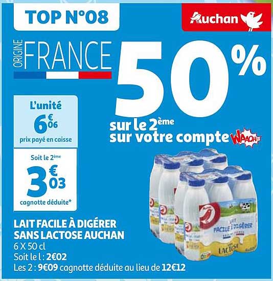 lait facile à digérer sans lactose auchan