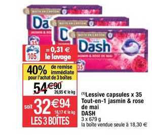 lessive capsules x 35 tout-en-1 jasmin & rose de mai dash