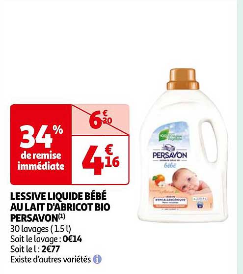 lessive liquide bébé au lait d'abricot bio persavon